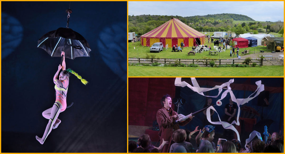 A collage of images showing circus performers and a circus tent at Cotswold Farm Park